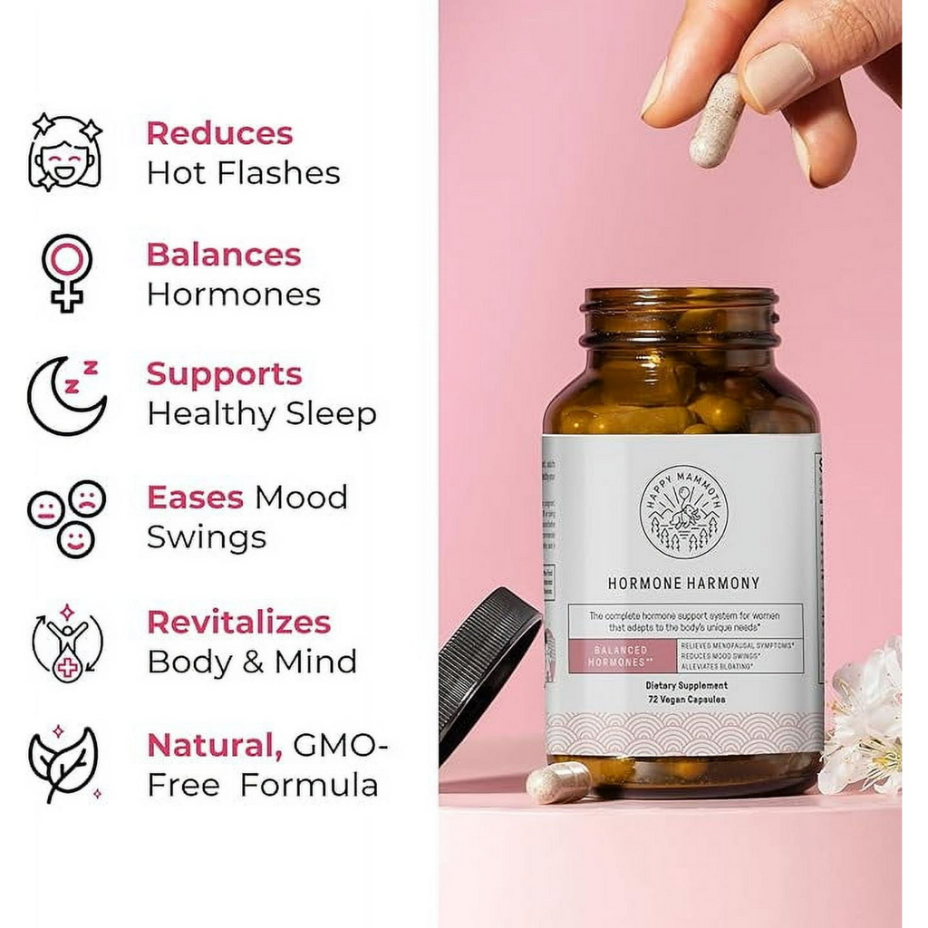 Happy Mammoth Hormone Harmony – Vegan Menopause Support | Hormone Balance, Hot Flash & Mood Relief (72 Capsules)