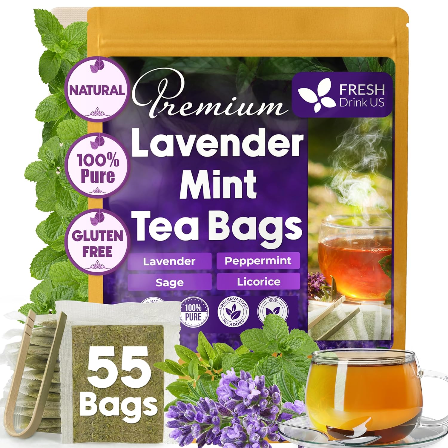 Premium Lavender Mint Tea Bags. 100% Natural, Blend of Lavender, Peppermint, Sage and Licorice.