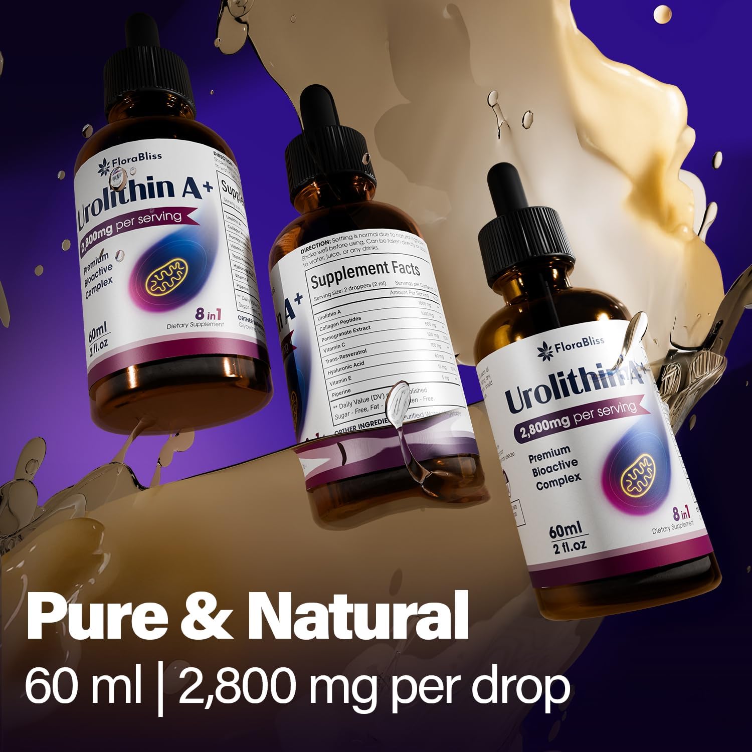 Urolithin A Supplement 2800 mg Liquid Drops | with Trans-Resveratrol, Collagen Peptides, Pomegranate Extract, Hyaluronic Acid, Vitamin E & C
