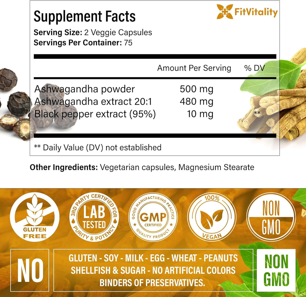 Ashwagandha with Black Pepper Capsules, Non-GMO, Gluten-Free