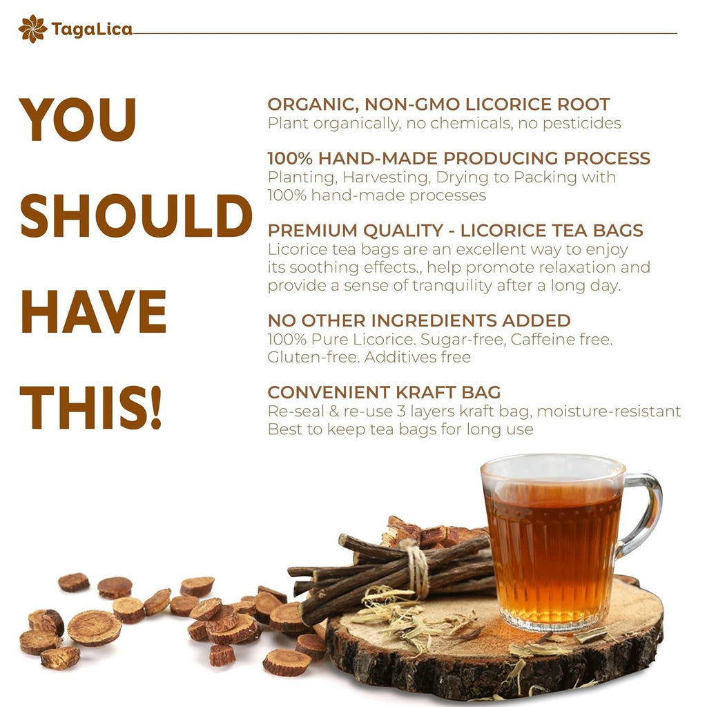 Premium Licorice Root Tea Bags, 100% Natural, Pure Licorice Root, Eco-Conscious Tea Bags, Licorice Root Herbal Tea, Licorice Root Tea. No Sugar, No Caffeine, No Gluten, Vegan