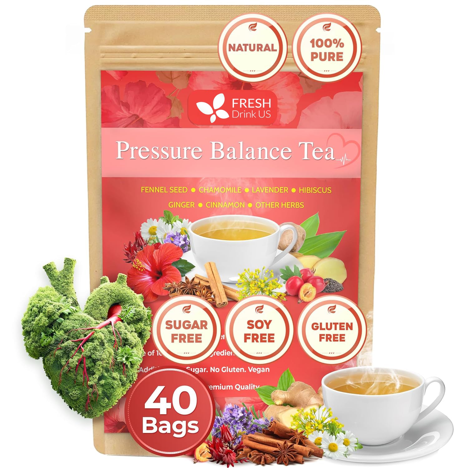 Pressure Balance Herbal Tea | Blend of 9 Natural Herbs | Caffeine-Free, Sugar-Free, Vegan-Friendly