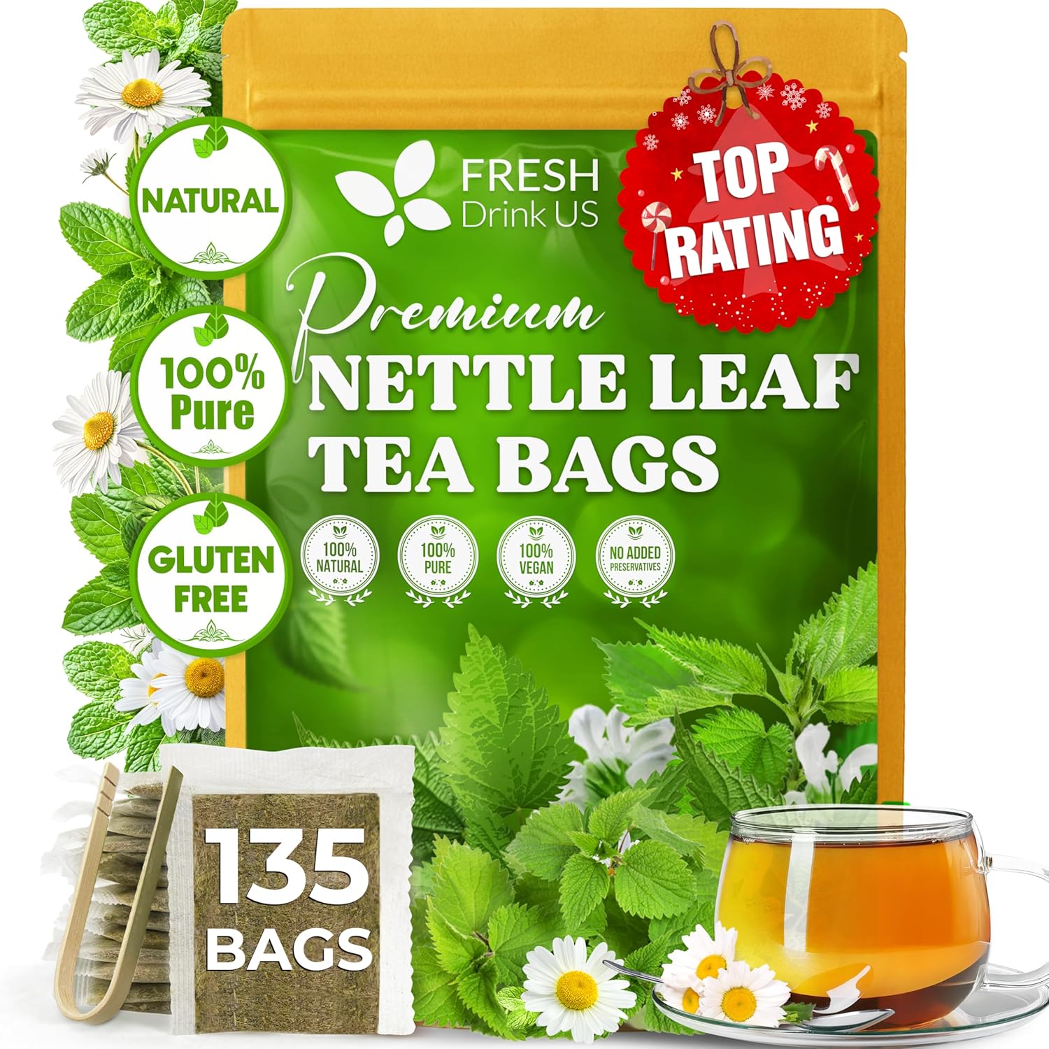 Premium Nettle Leaf Tea Bags, 100% Natural & Pure, Stinging Nettle Leaf Tea, Nettle Leaf Tea, Burn Nettle, Stinging Nettle, Nettle Tea, Stinger Tea, No Sugar/Caffeine & Gluten, Vegan