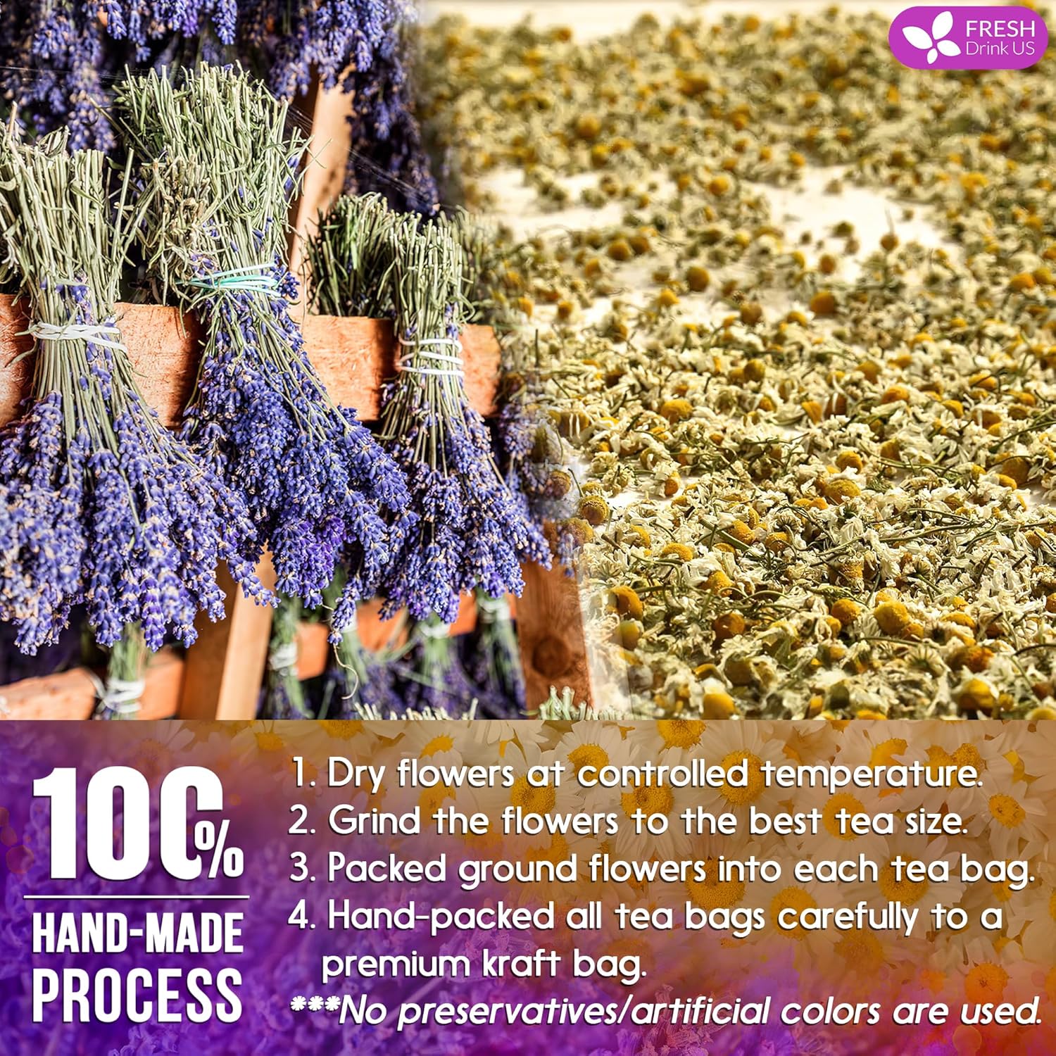 Premium Chamomile Lavender Tea Bags, Eco-conscious Tea Bags. No Sugar, No Caffeine, No Gluten, Vegan.