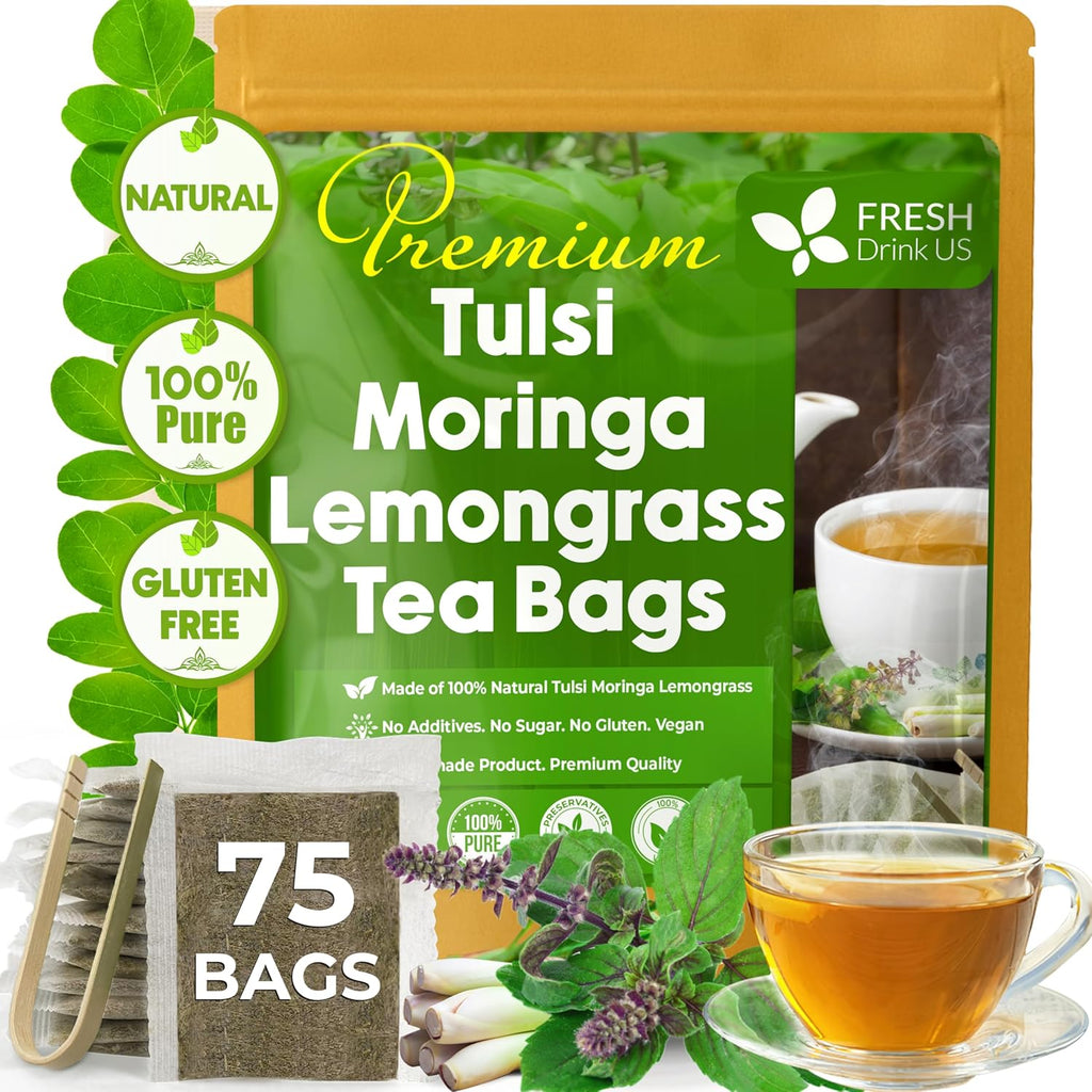 Premium Tulsi Moringa Lemongrass  Tea Bags, 100% Natural & Pure from Tulsi Holy Basil Leaves, Moringa & Lemongrass.