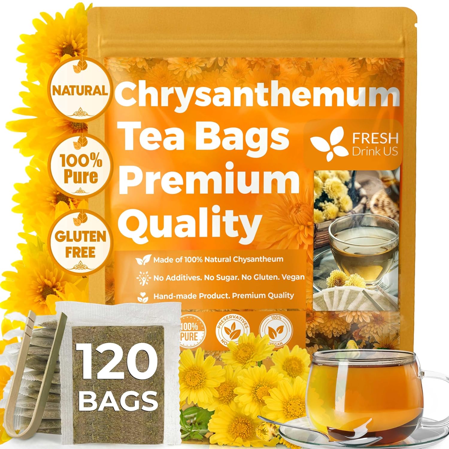 Premium Chrysanthemum Flower Tea Bags. Chrysanthemum Flower Herbal Tea. No Sugar, No Caffeine, No Gluten, Vegan.