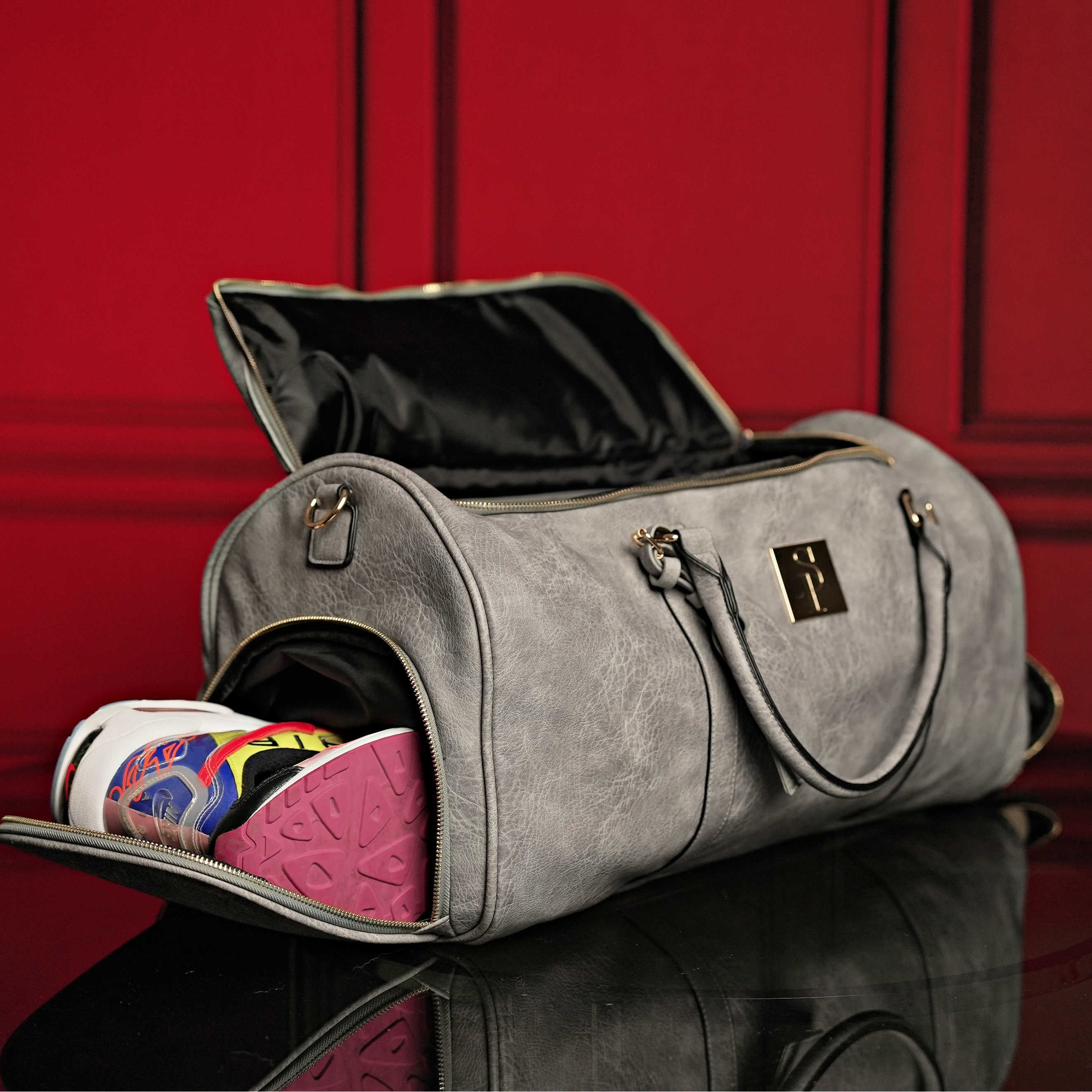 Grey Tumbled Leather Signature Bag Set (Signature Backpack and Duffle Bag)