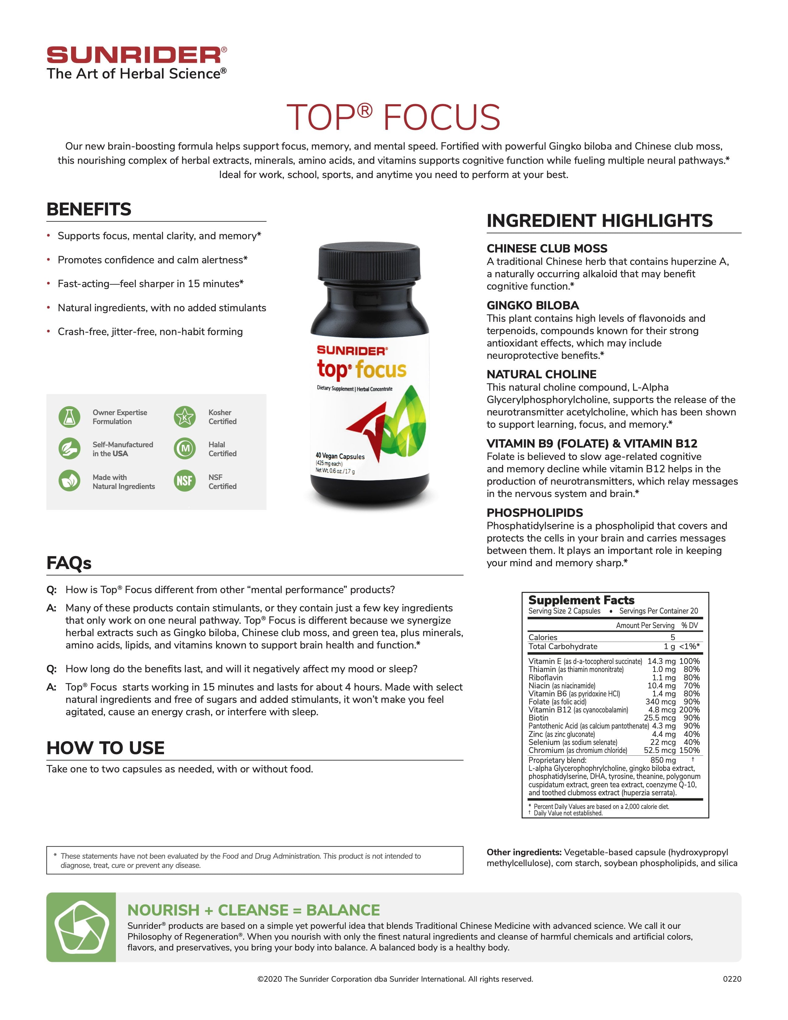 NOW AVAILABLE Top Focus 40 Caps | By Sunrider